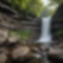 Majestic view of a waterfall cascading down rocky cliffs in the Catskills