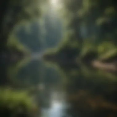 A serene freshwater lake surrounded by lush vegetation