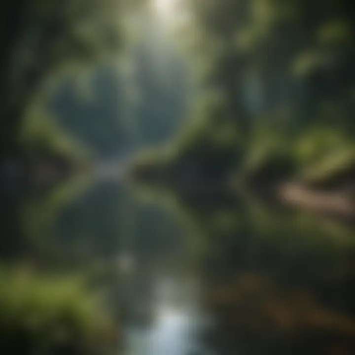 A serene freshwater lake surrounded by lush vegetation