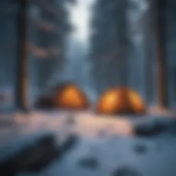 A serene winter campsite nestled among snow-covered trees