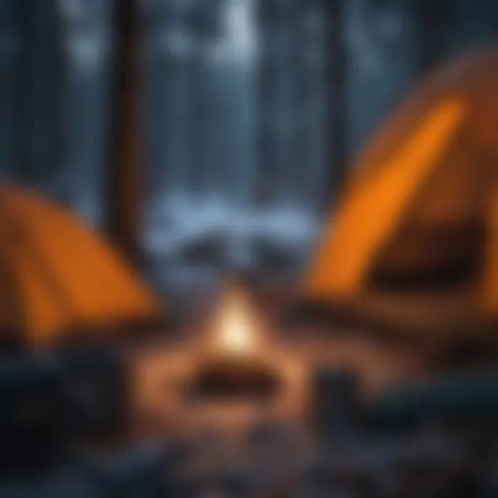 Essential winter camping equipment neatly arranged