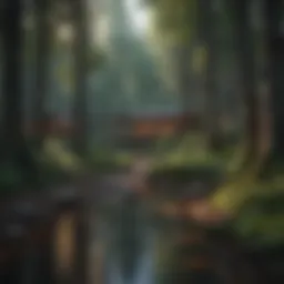 A serene landscape showcasing a luxurious forest resort nestled among towering trees.