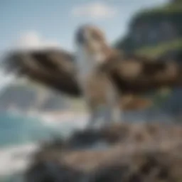 Osprey perched on a coastal nest overlooking the ocean