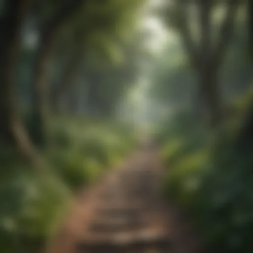 A serene walking trail surrounded by lush greenery