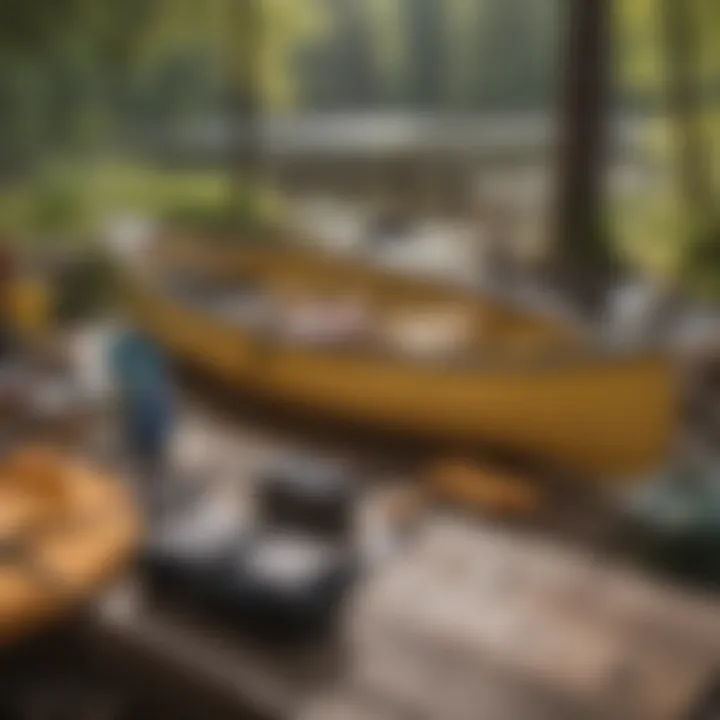 A close-up of essential canoeing gear laid out on a picnic table in a forested area.