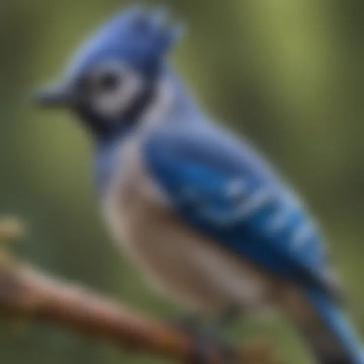 A close-up view of a blue jay displaying its unique feather patterns and vibrant colors.