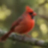 A vibrant cardinal perched on a branch, showcasing its striking red plumage against a blurred natural background.