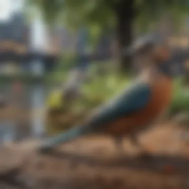 Birds Thriving in Urban Settings A busy urban park scene featuring various bird species interacting with their environment.