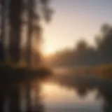 A serene lake at dawn with water reflecting the early morning light