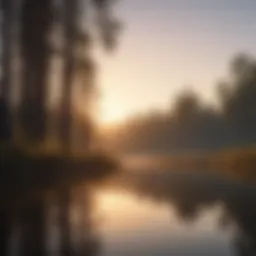 A serene lake at dawn with water reflecting the early morning light