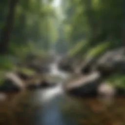 A serene view of a mountain brook flowing through lush greenery