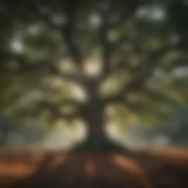 A majestic oak tree showcasing its sprawling branches and dense foliage