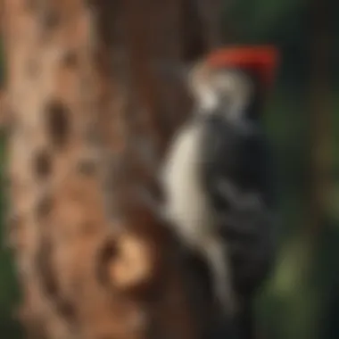 Close-up of woodpecker pecking on a tree trunk