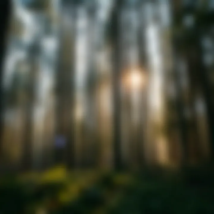 Tranquil forest landscape with sunlight filtering through the trees