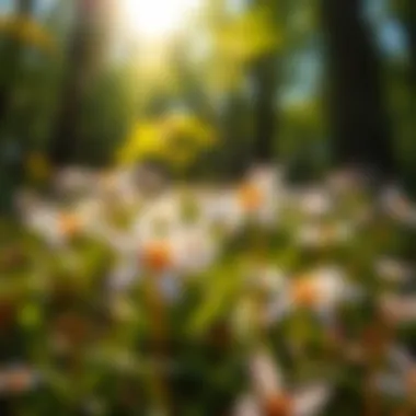 Wildflowers blooming in a sunlit forest clearing