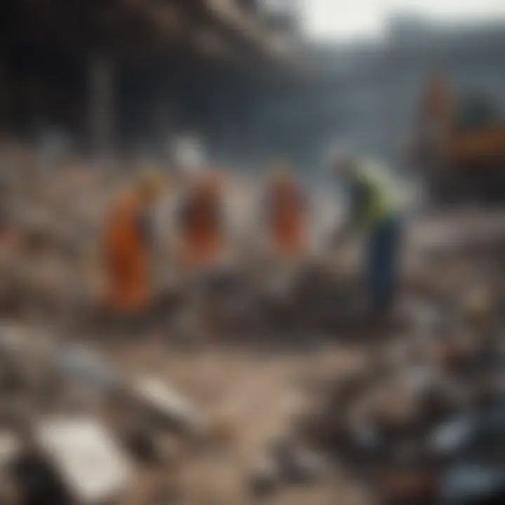 Workers sorting and segregating construction waste for recycling