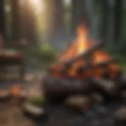 A serene outdoor setting with a crackling wood fire surrounded by nature.