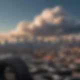 Tire City skyline with tire-shaped clouds