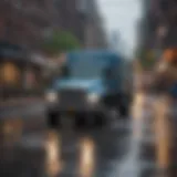 Water delivery truck navigating through busy city streets