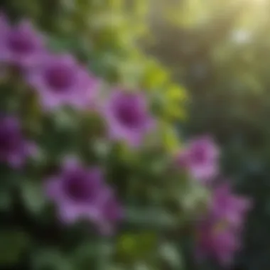 Vivid purple flowers of an ornamental creeper against a backdrop of green foliage