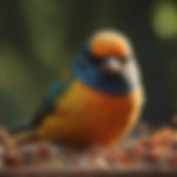 A close-up of a colorful bird enjoying seeds from a feeder.