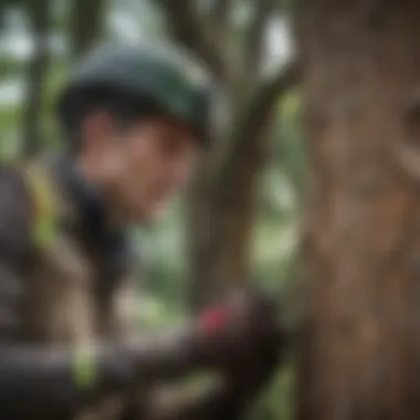 Close-up of arborist inspecting tree bark for signs of disease