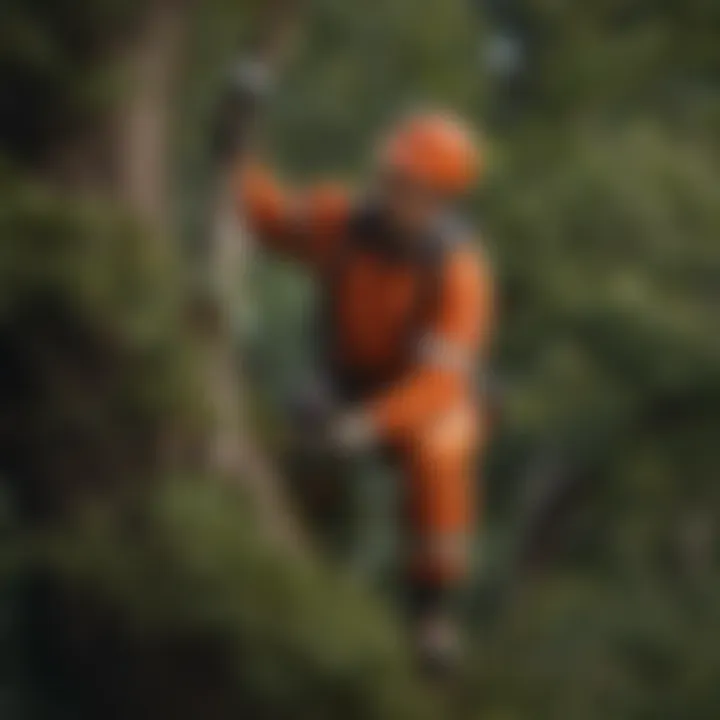 Arborist using specialized equipment to trim tree branches with precision