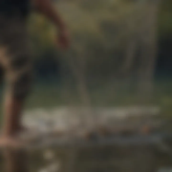 Fisherman wading in shallow water with fishing net