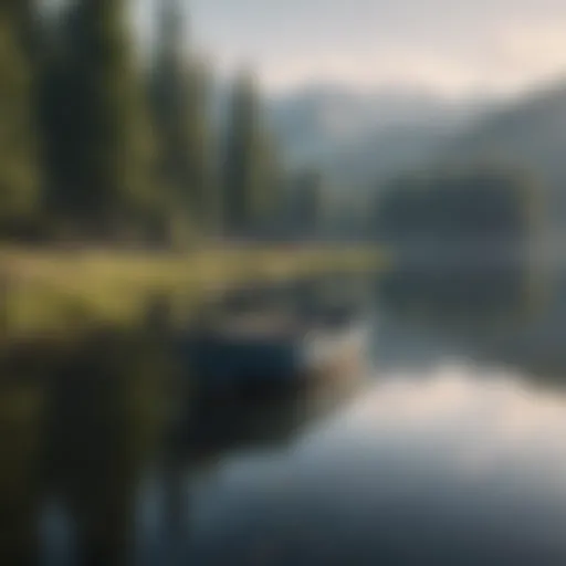 A serene lake with a fishing boat in the distance