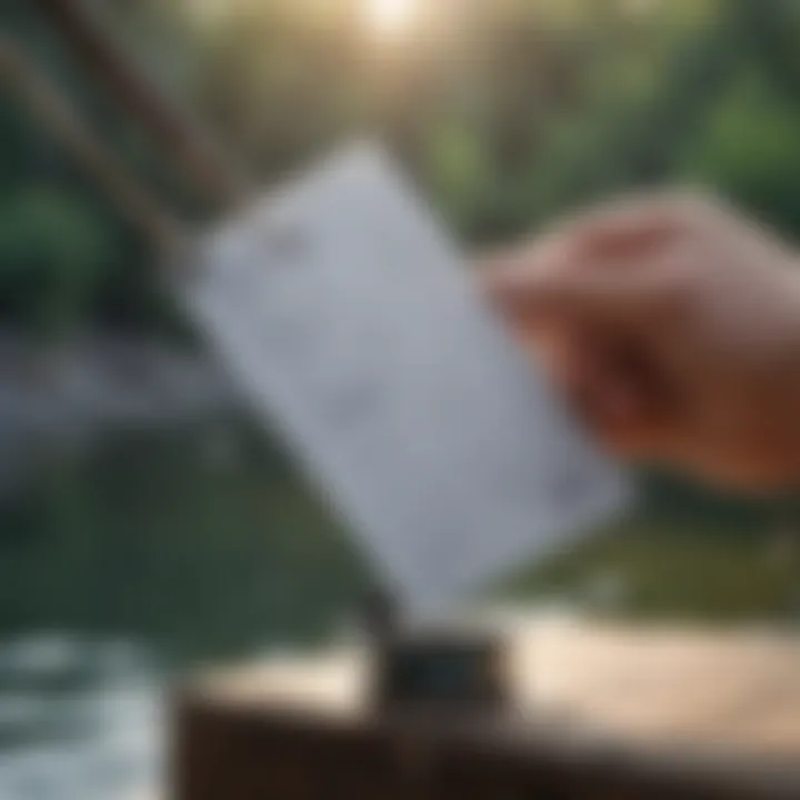 A hand holding a fishing rod with a fishing permit in the background