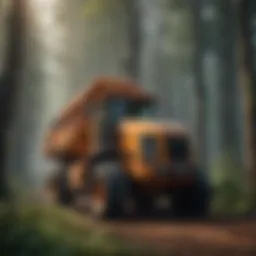 Forestry harvester in action amongst dense woodland