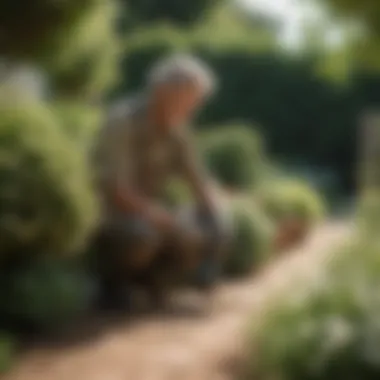 A gardener tending to flowering shrubs in full sunlight