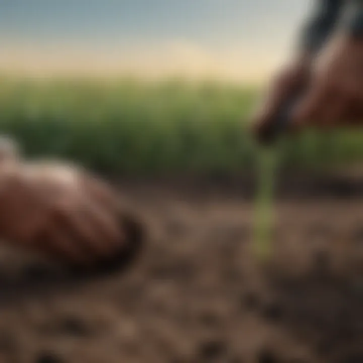 Illustration of a gardener testing the pH levels of soil treated with expired grass fertilizer