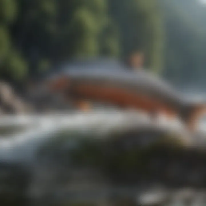 Glistening silver salmon leaping upstream