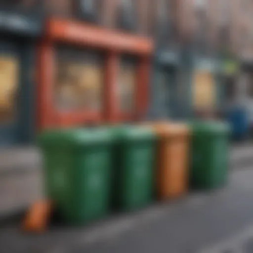 Recycling bins in a vibrant urban setting