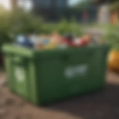 Close-up of green recycling container with various recyclable items