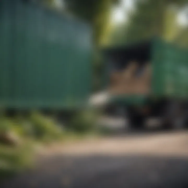 Green recycling container being emptied into a larger recycling truck