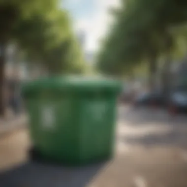 Green recycling container placed in urban park