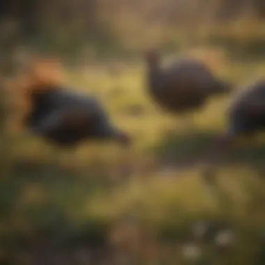 Group of wild turkeys browsing for seeds in meadow