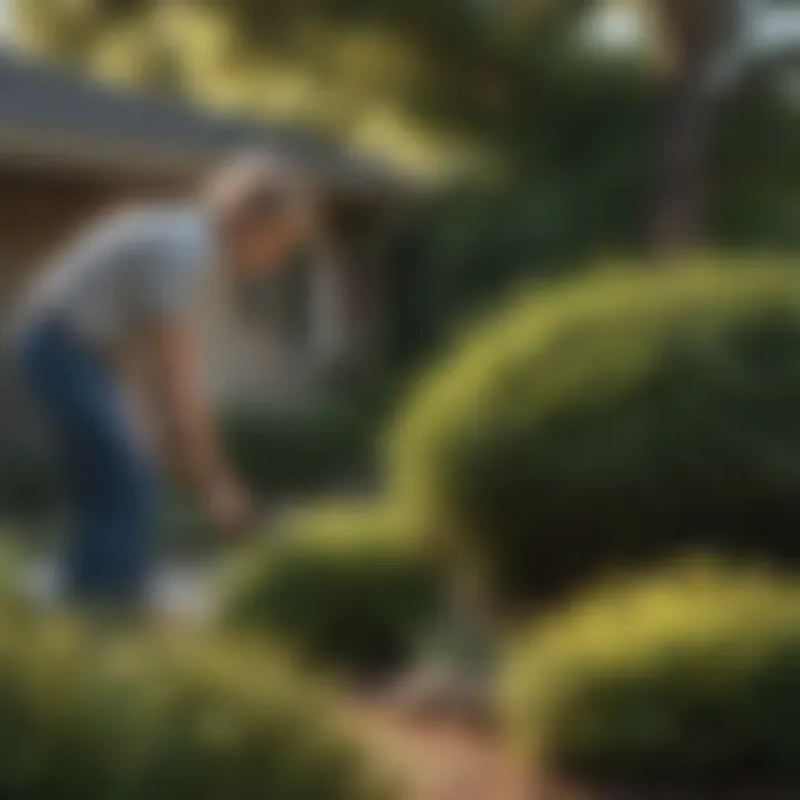 A homeowner examining bushes in their yard for identification.