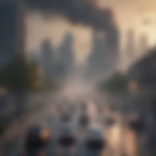 Polluted city skyline with smog from car emissions