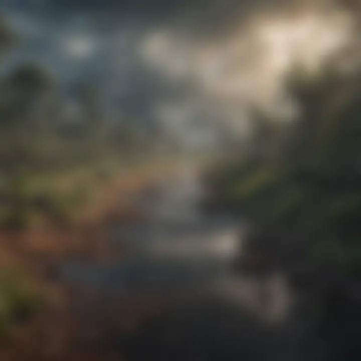 Visual representation of an ecosystem affected by extreme weather events, showing disrupted habitats
