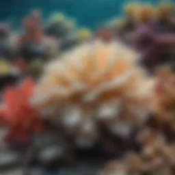 A vivid representation of a coral reef suffering from bleaching due to rising ocean temperatures.