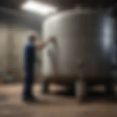 Technician conducting inspection on indoor oil tank A professional technician inspecting indoor oil tank
