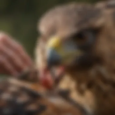 Close-up of injured hawk receiving medical care