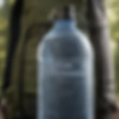 Close-up of a labeled gallon water bottle in a backpack