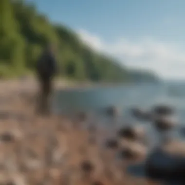 Angler casting a line from a rocky shoreline