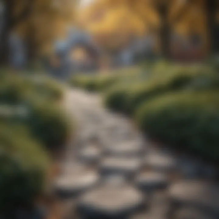 A beautifully designed outdoor space featuring stone pathways and winter foliage