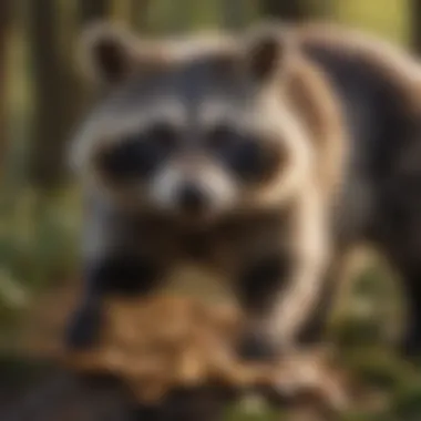 Intelligent large raccoon solving a complex puzzle in its natural habitat