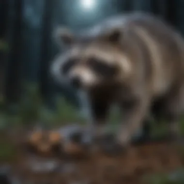 Nocturnal Foraging Habits of the Large Raccoon Mysterious nocturnal raccoon scavenging for food in the moonlight